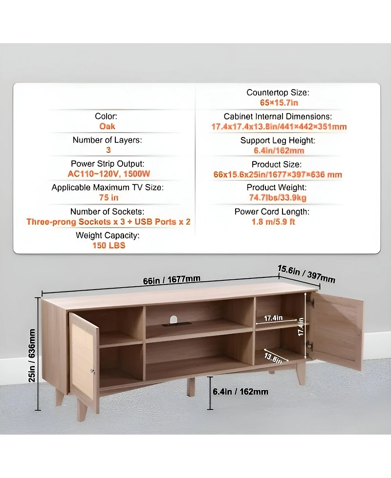 Slickblue Modern Rattan Tv Console with Built-In Power Socket, Storage Shelves for Bedroom and Media Room