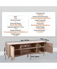 Slickblue Modern Rattan Tv Console with Built-In Power Socket, Storage Shelves for Bedroom and Media Room