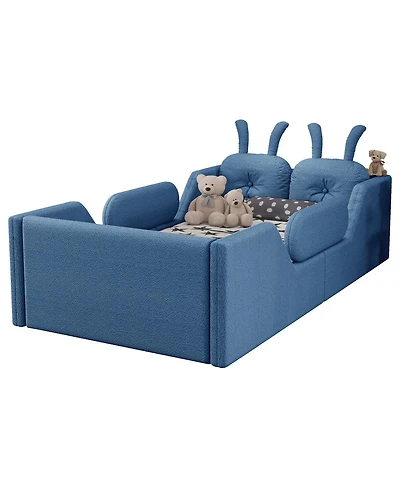 Streamdale Furniture Twin Upholstered Kids Floor Bed with Rabbit Cushion and Side Rails