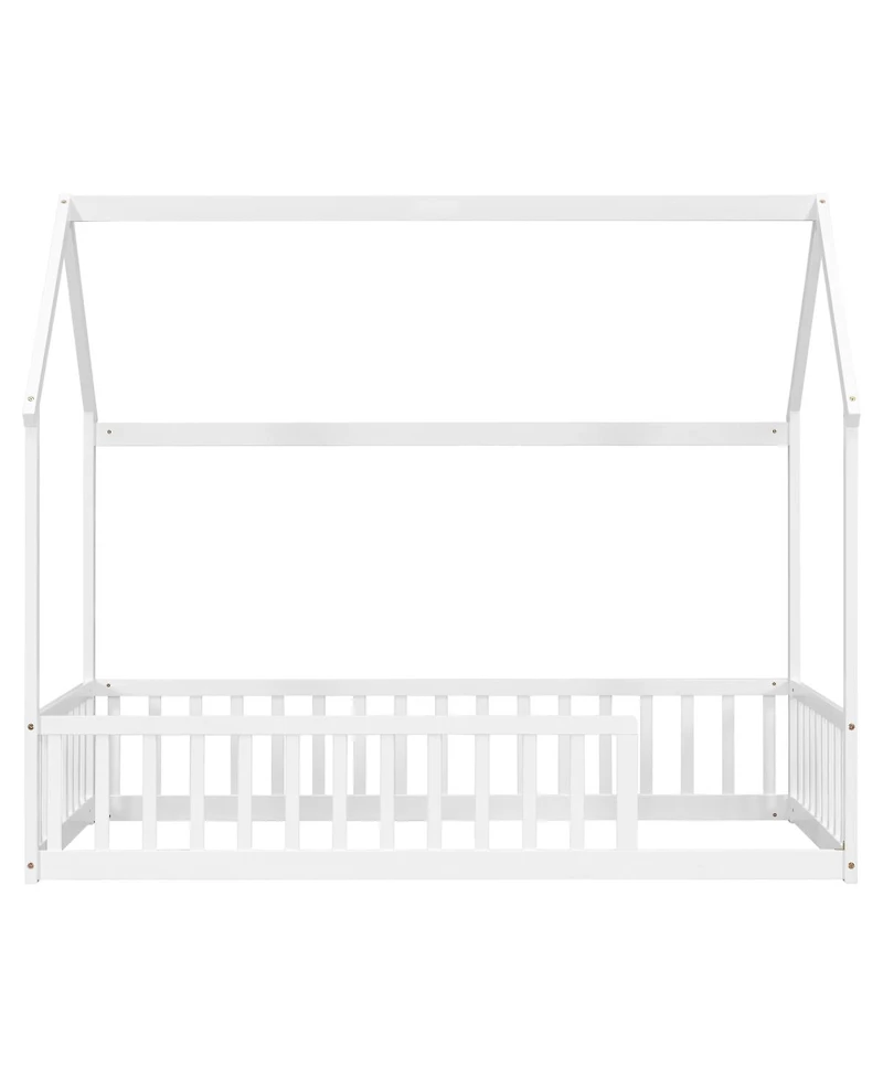 Streamdale Furniture Twin House Floor Bed with Roof and Safety Guardrails