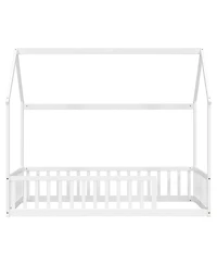 Streamdale Furniture Twin House Floor Bed with Roof and Safety Guardrails