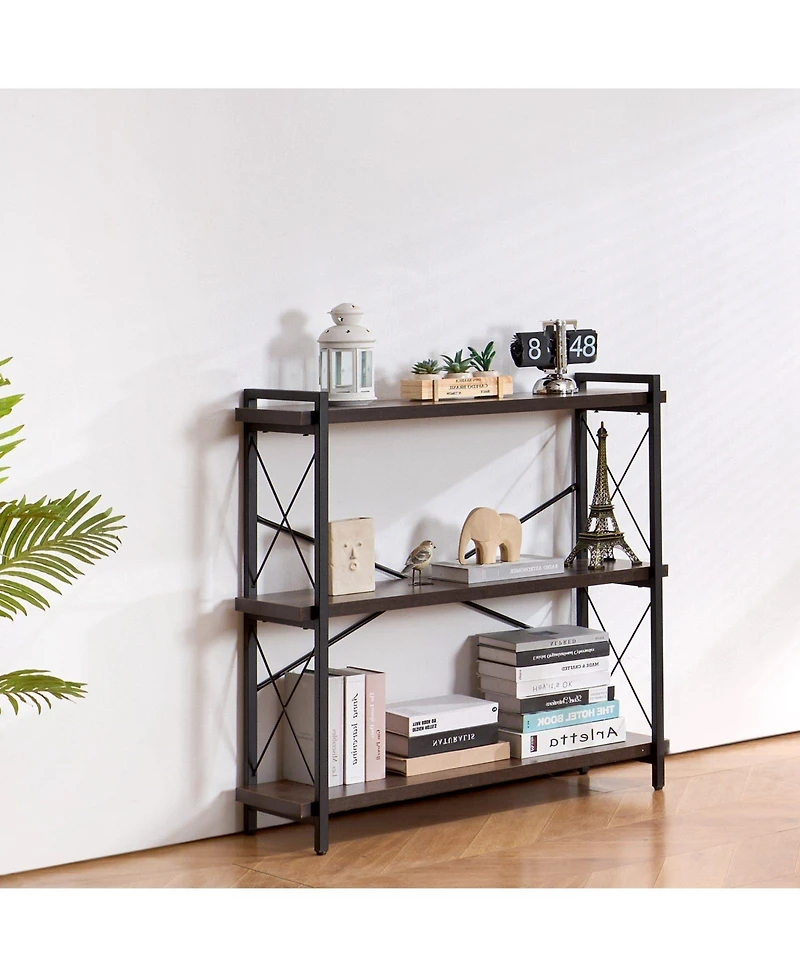 Slickblue Freestanding 3-Tier Bookshelf with Metal Frame, Rustic Storage Shelving Unit for Bedroom and Living Room