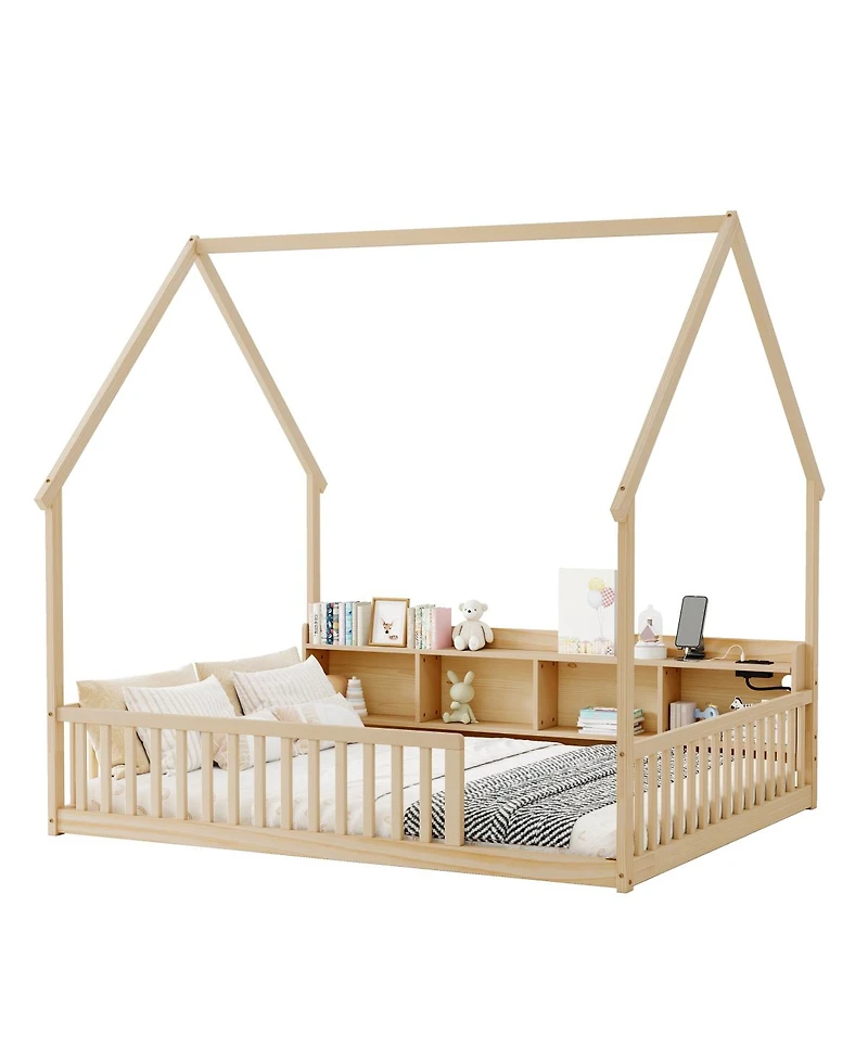 Streamdale Furniture Full House Floor Bed with Storage, Led, Charging Station and Guardrails