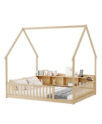 Streamdale Furniture Full House Floor Bed with Storage, Led, Charging Station and Guardrails