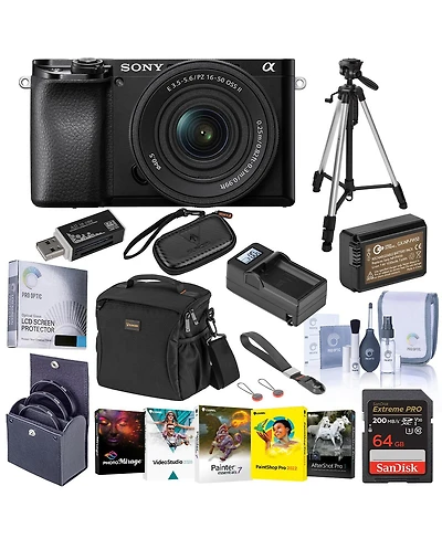 Sony Alpha a6100 Mirrorless Digital Camera with 16-50mm Lens - Bundle With Camera Case, 64GB Sdhc Card, Spare Battery, Compact Charger, Tripod, Lcd
