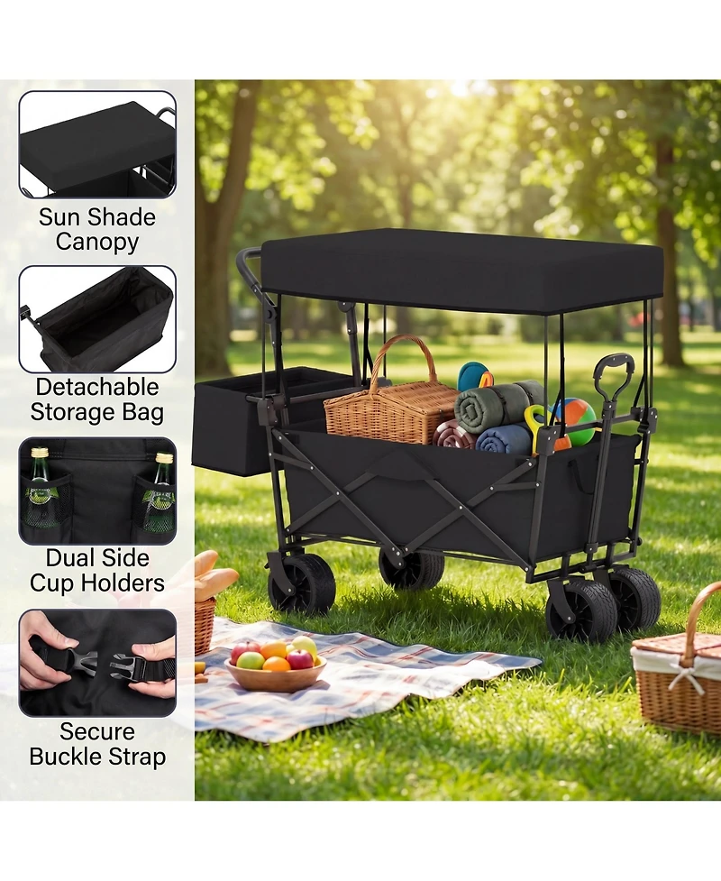 Costway Folding Utility Wagon with Detachable Canopy, Collapsible Garden Cart