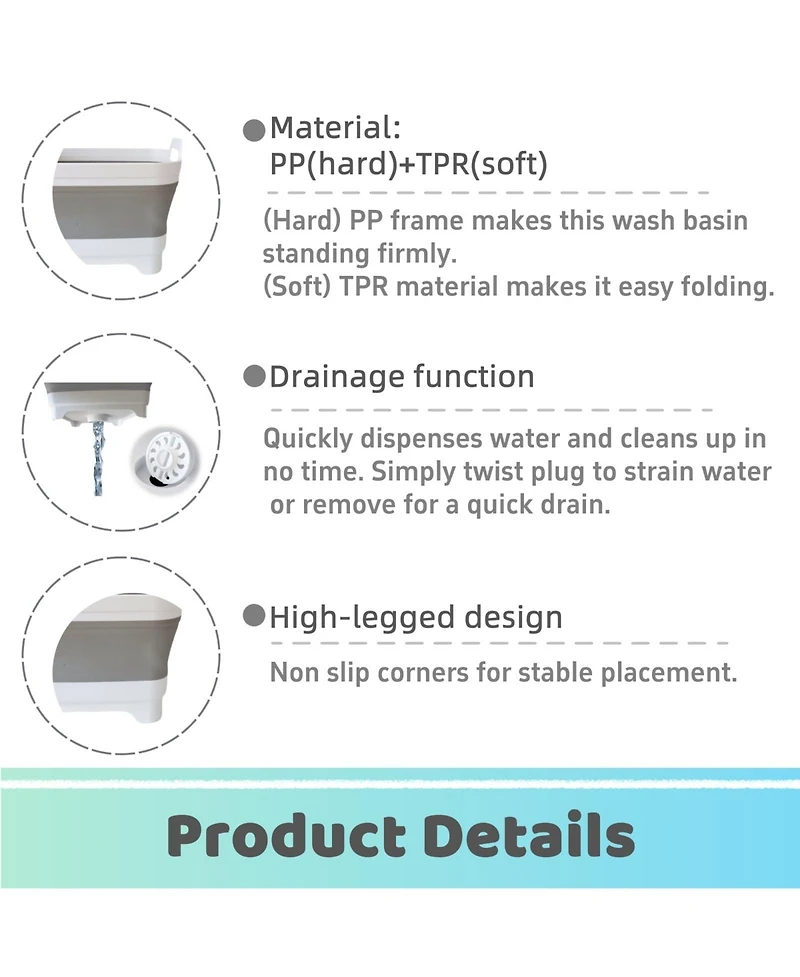 Piscifun Collapsible Wash Basin With Drain Plug Foldable Kitchen Sink For Camping Space Saving Dish Tub