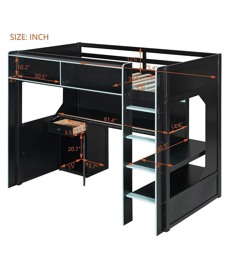 Clihome Twin Size Gaming Loft Bed with Integrated Desk and Lights, Modern Wooden Bed Frame with Desk and Built-in Charging Station
