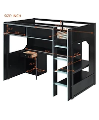 Clihome Twin Size Gaming Loft Bed with Integrated Desk and Lights, Modern Wooden Bed Frame with Desk and Built-in Charging Station
