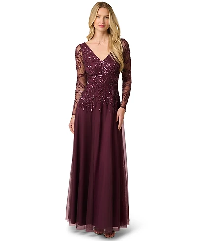 Adrianna Papell Petite Long-Sleeve Sequined V-Neck Gown