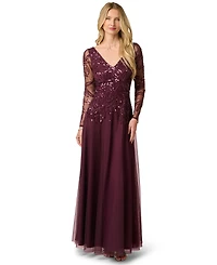 Adrianna Papell Petite Long-Sleeve Sequined V-Neck Gown