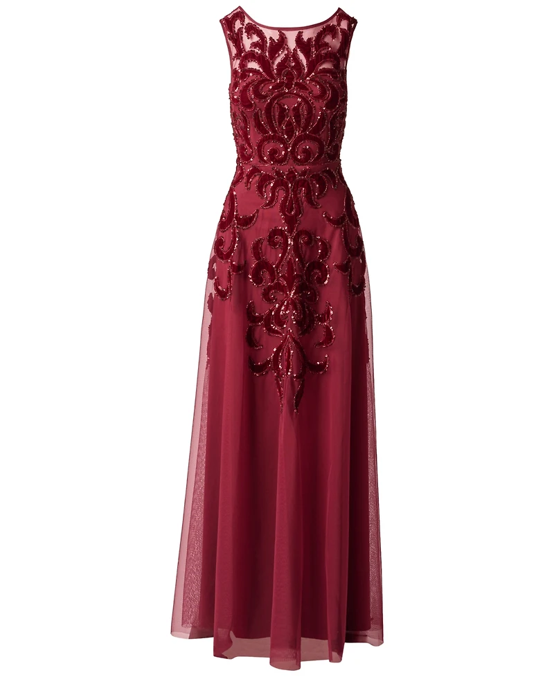 Adrianna Papell Women's Illusion Bead Mesh Long Wedding Guest Beaded Dress