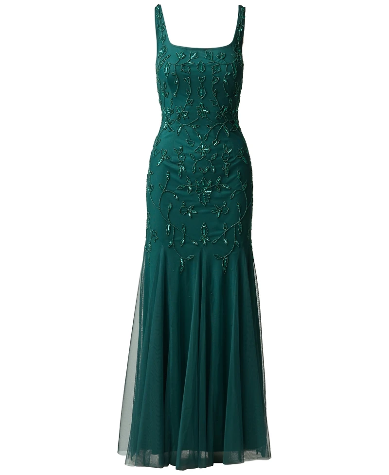 Adrianna Papell Women's Beaded-Mesh Square Neck Long Dress
