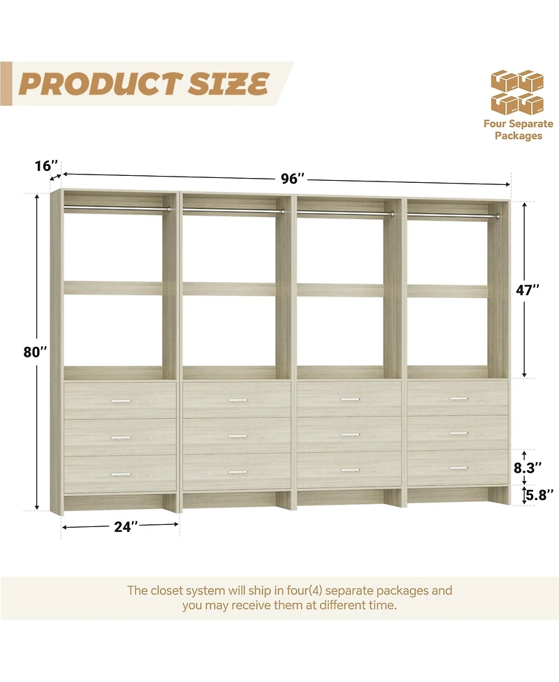 24" 4PC Freestanding Closet Organizer System with Hanging Rods and Drawers