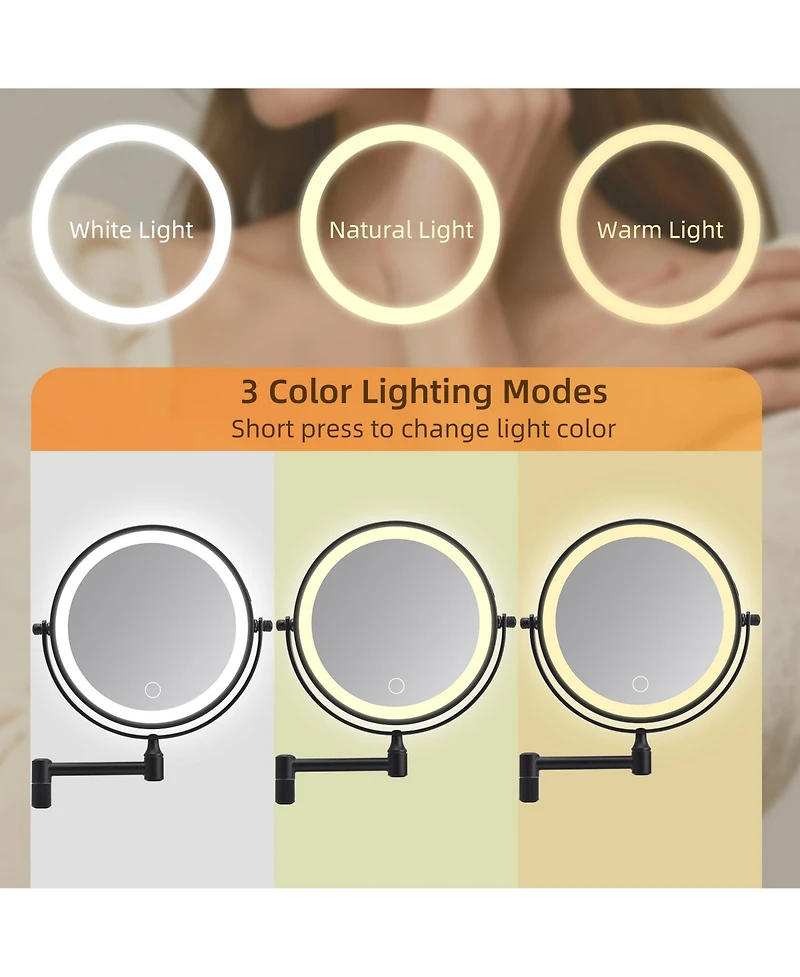 Busdays 8 Inch Rechargeable Wall Mounted Makeup Mirror Double Sided 1x 10x Magnifying with Lights 360 Rotation Foldable Arm for Bathroom Shaving