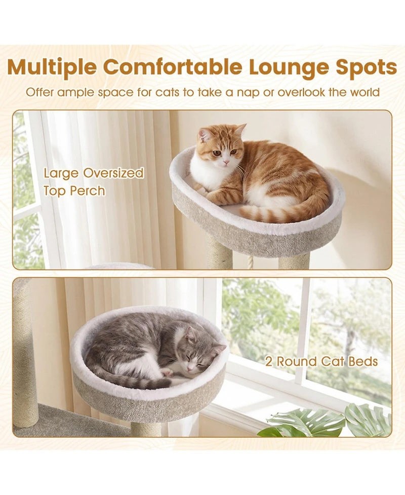 Sugift Carpeted Cat Tree 51 Inch with Oversized Top Perch and 2 Round Beds for Indoor Cats