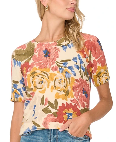 Vince Camuto Women's Floral-Print Short-Sleeve Crewneck Pullover, Created for Macy's