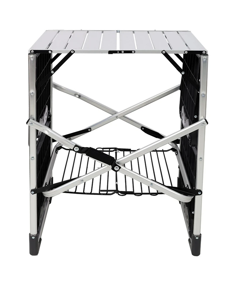 Mountaintop Foldaway Outdoor Cooking Table with Lamp Holder, 4 Side Trays, Mesh Storage Shelf