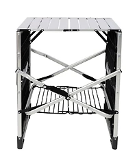 Mountaintop Foldaway Outdoor Cooking Table with Lamp Holder, 4 Side Trays, Mesh Storage Shelf