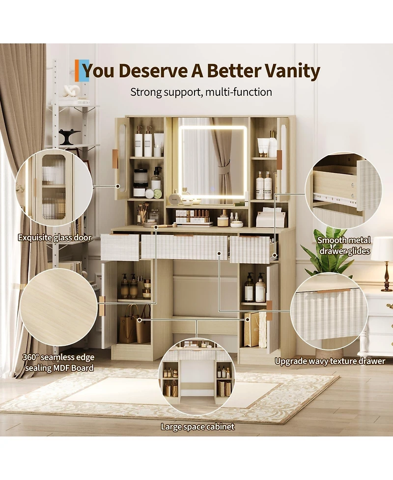 gaomon Vanity Desk with Mirror and Light, Makeup Dressing Table 2 Glass Cabinets, Large Cabinets 3 Wavy Drawers,