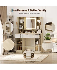 gaomon Vanity Desk with Mirror and Light, Makeup Dressing Table 2 Glass Cabinets, Large Cabinets 3 Wavy Drawers,