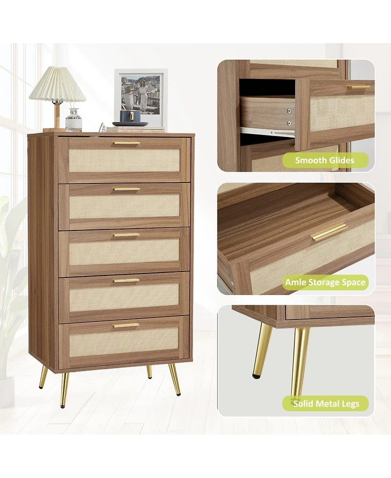 gaomon Modern Rattan 5-Drawer Dresser with Metal Handles and Splayed Legs – Mdf Tall Chest of Drawers for Bedroom, Entryway Living Room Storage
