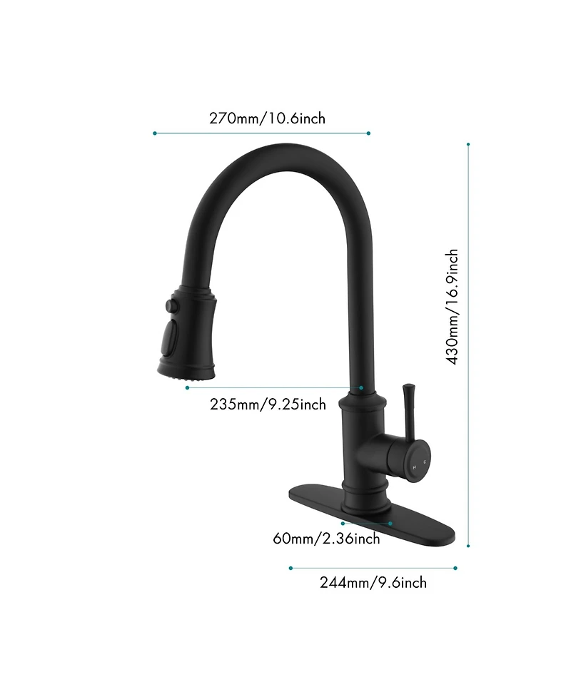 Thirtypeachy Single Handle High Arc Pull-Down Kitchen Faucet with 3-Function Sprayer, 360degree(s) Swivel, Easy Install