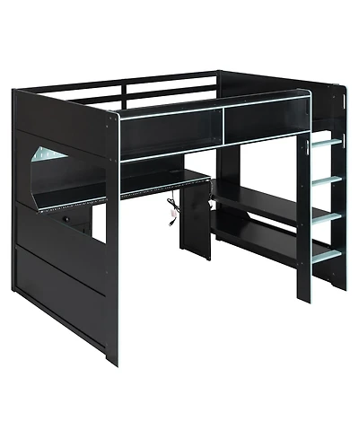 Clihome Full Size Gaming Loft Bed with Integrated Desk and Lights, Modern Wooden Bed Frame with Desk and Built-in Charging Station
