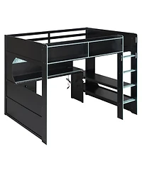 Clihome Full Size Gaming Loft Bed with Integrated Desk and Lights, Modern Wooden Bed Frame with Desk and Built-in Charging Station