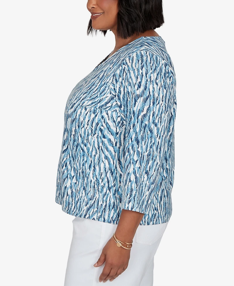 Heart Of Plam Plus Animal Print V-Neck Cotton-Blend Blouse