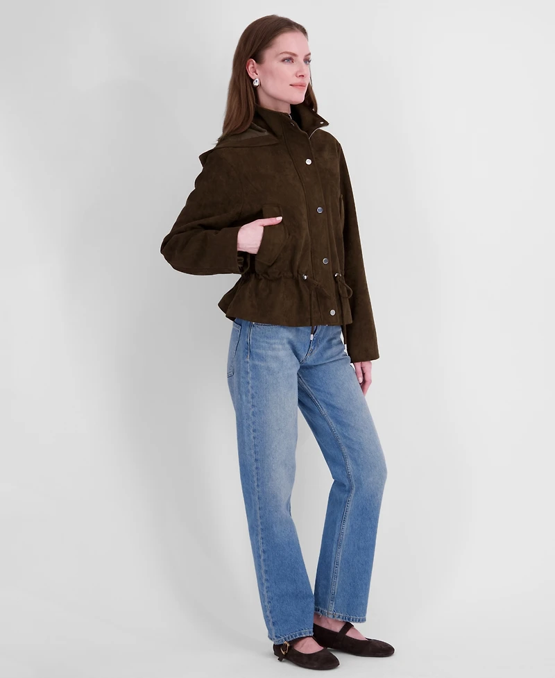 Tahari Women's Faux Suede Hooded Anorak Coat