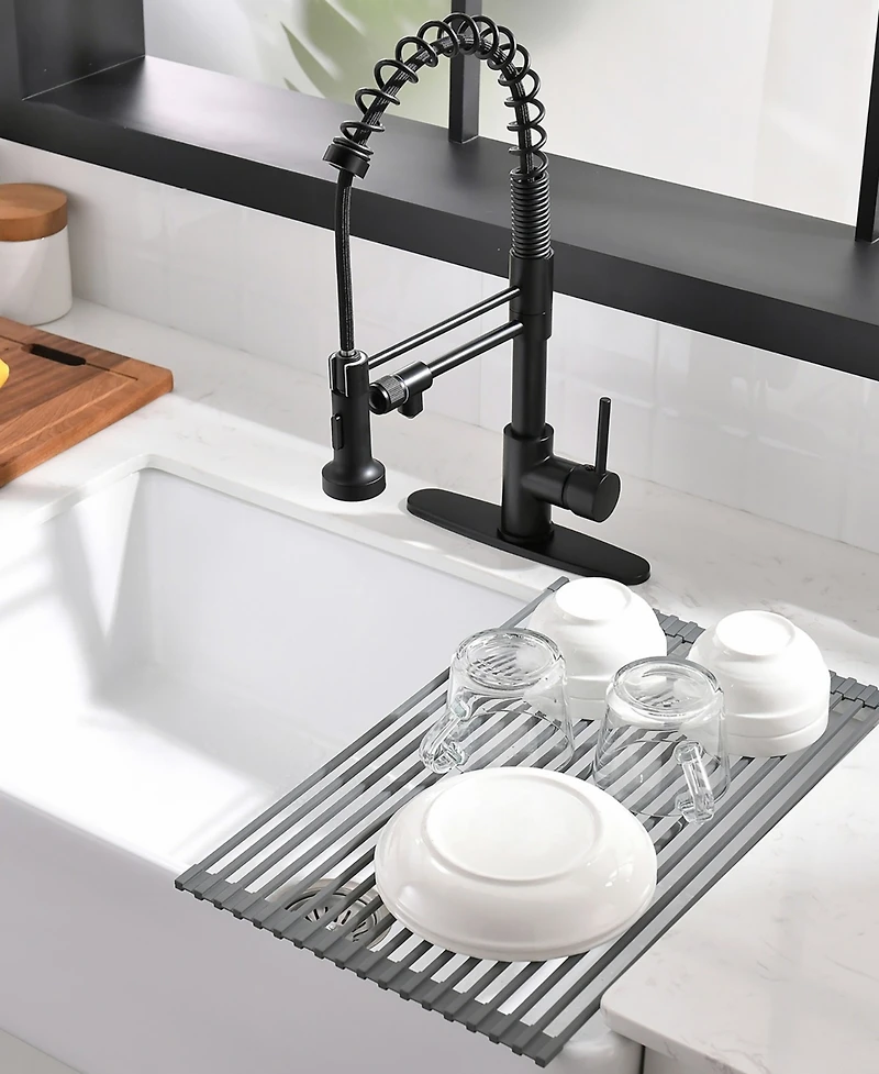 Thirtypeachy Single Handle Pull-Down Kitchen Faucet with Drinking Water Tap, 4-Mode Sprayer and Roll-Up Drying Rack