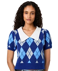 French Connection Women's Koda Puff-Sleeve Argyle-Jacquard Collared Top