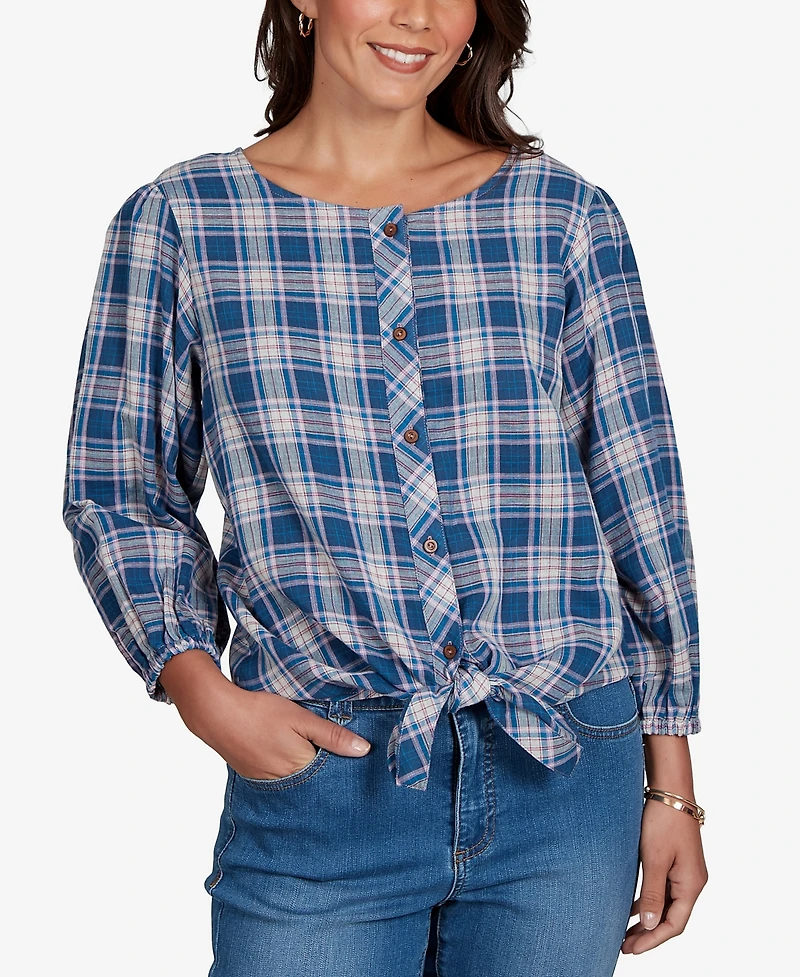 Ruby Rd. Petite Homestead Plaid 3/4-Sleeve Button-Front Top