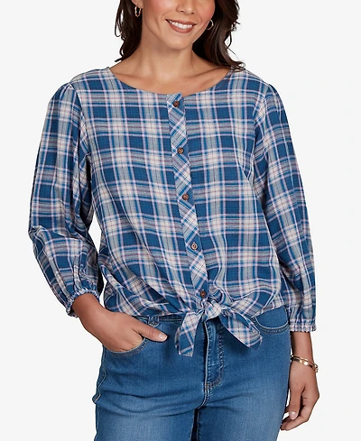 Ruby Rd. Petite Homestead Plaid 3/4-Sleeve Button-Front Top
