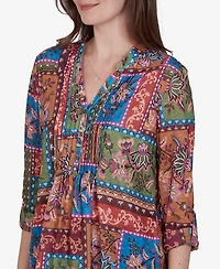 Ruby Rd. Petite Tapestry Top 3/4-Sleeve Floral-Print Button-Front Blouse