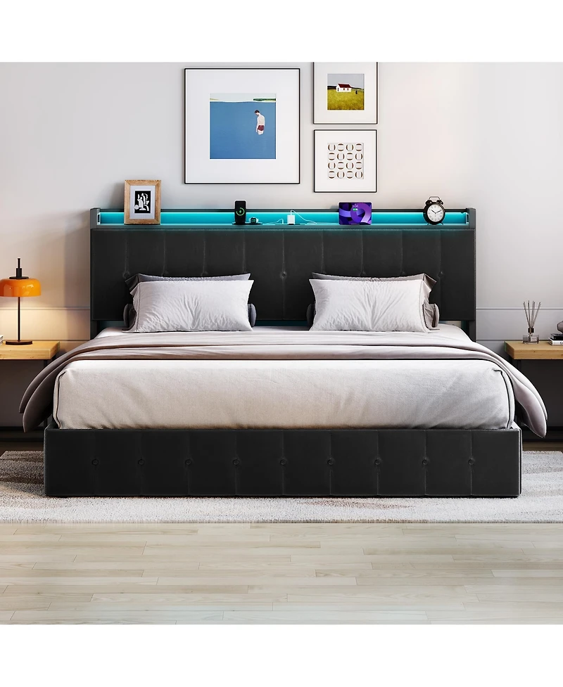 Gaomon King Bed Frame with Lift Up Storage and Led Lights, Velvet Bed with Storage Headboard and Charging Station, Metal Platform Bed