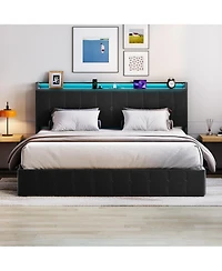 Gaomon King Bed Frame with Lift Up Storage and Led Lights, Velvet Bed with Storage Headboard and Charging Station, Metal Platform Bed