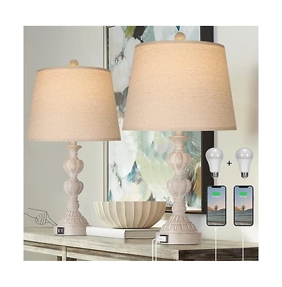 Sofucor 23" Touch Control Coastal Farmhouse Table Lamp Set of 2, 3-Way Dimmable Bedside Lamp with 2 Usb Charging Ports