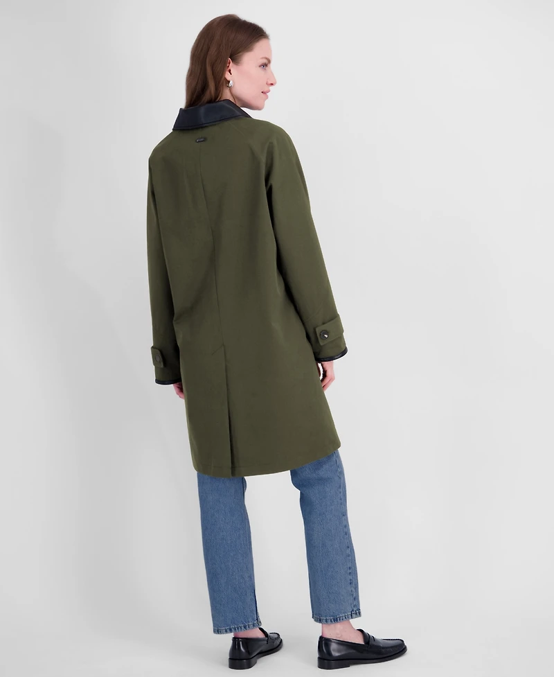Tahari Women's Water-Resistant Faux-Leather Collared Balmacaan Coat