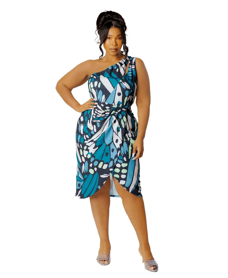 Buxom Couture Plus Butterfly Print One Shoulder Mini Dress