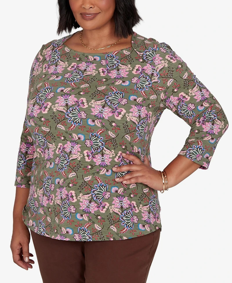 Ruby Rd. Plus Knt Garden Square Neck 3/4-Sleeve Floral Cotton-Blend T-Shirt