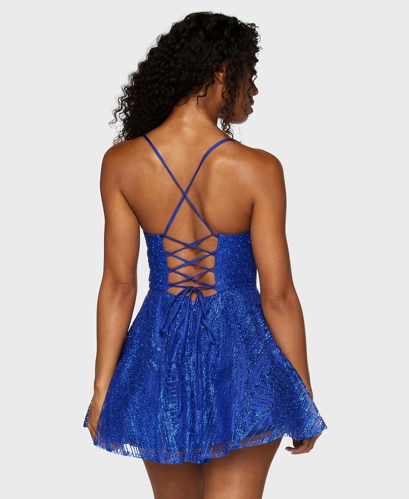 B Darlin Juniors' Sweetheart Neck Glitter Mesh Lace-Up Back Dress