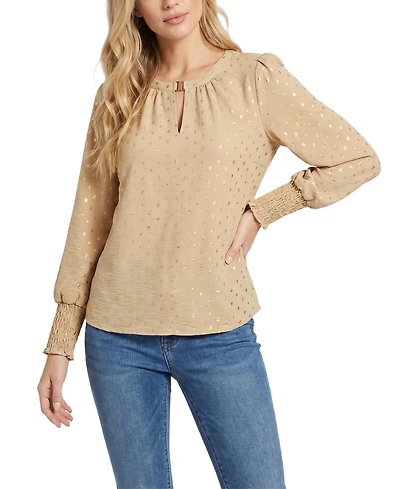 Ny Collection Petite Long-Sleeve Metallic Split-Neck Blouse