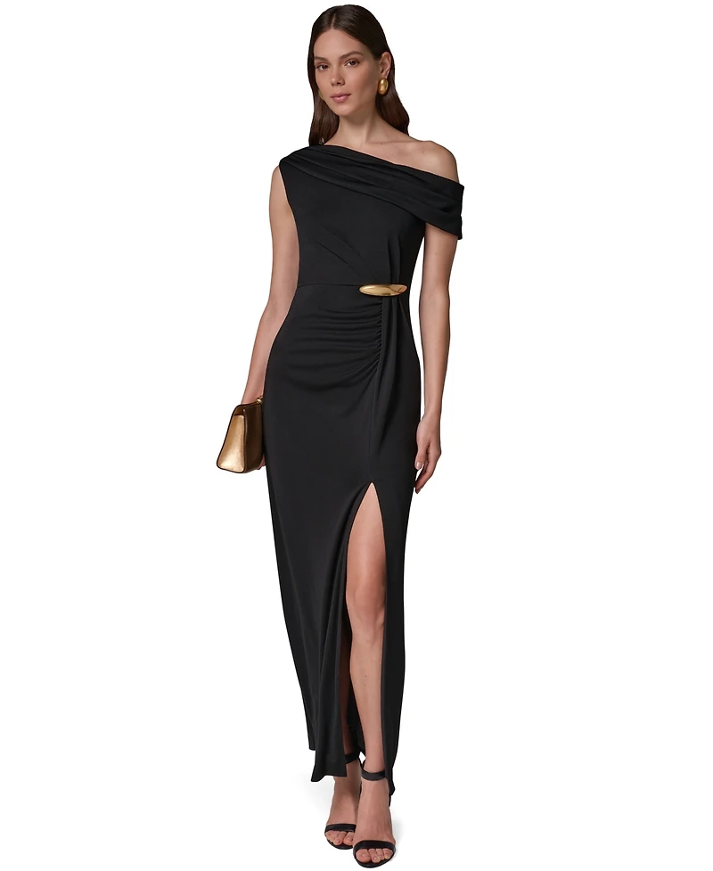 Donna Karan New York Women's Asymmetric Off-the-Shoulder Ruched Waist Maxi Dress