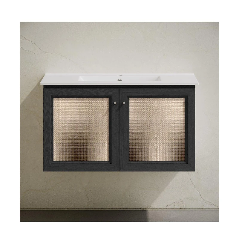 Swiss Madison36" Wall-Mounted Bathroom Vanity in Black Oak with Single Faucet Hole Vanity Top