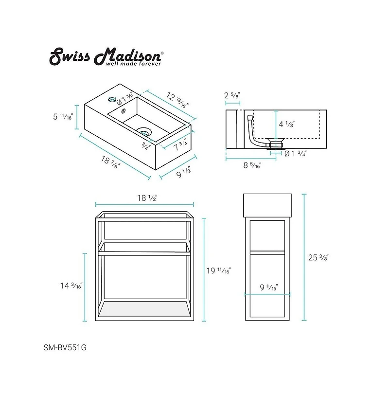 Pierre 19.5 Single, Open Shelf, Gold Metal Frame Bathroom Vanity