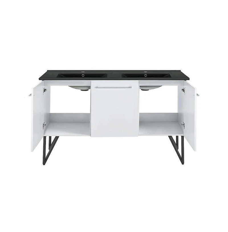 Swiss Madison 60 in. White, Double Basin Bathroom Vanity With Black Artificial Stone Sink Top
