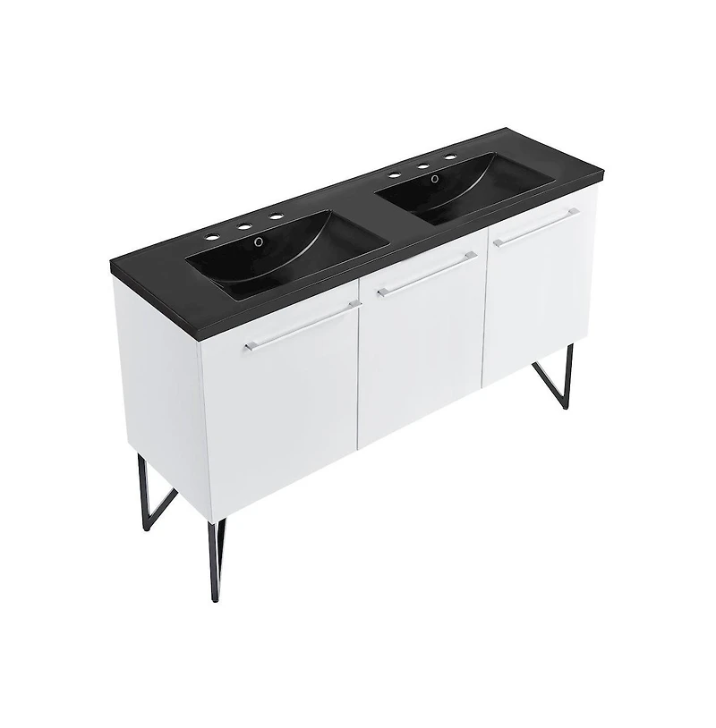 Swiss Madison 60 in. White, Double Basin Bathroom Vanity, Black, 3-Hole Sink Top