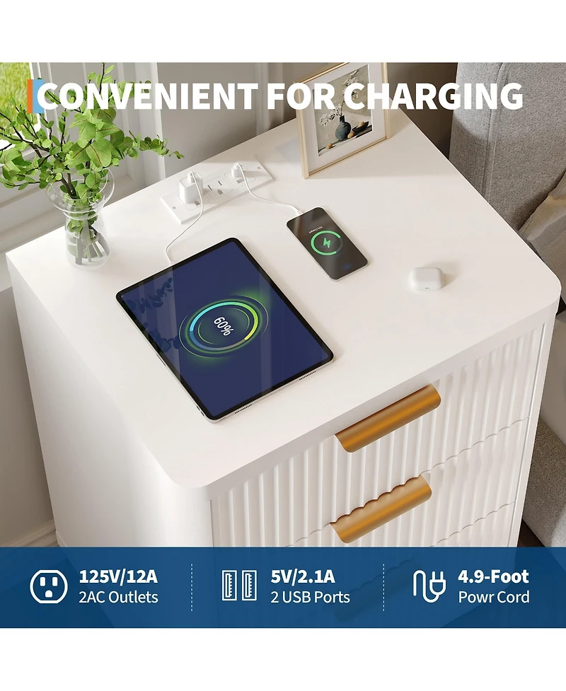 Gaomon Set of 2 Fluted Nightstand with Charging Station 3 Drawer Wooden Mid Century Modern End Table with Curved Corners for Bedroom Living Room